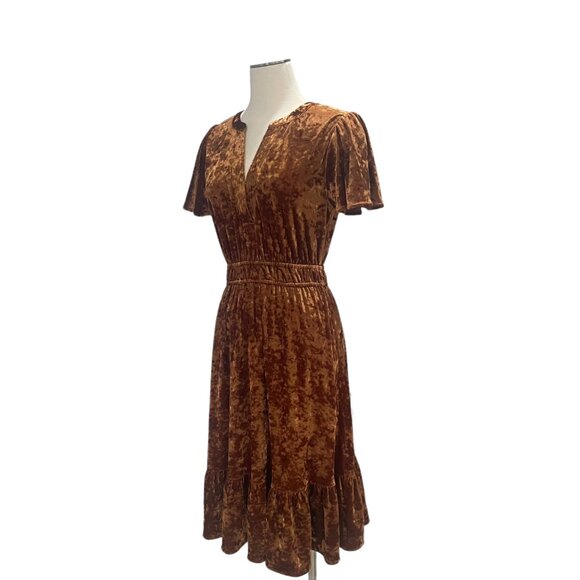 Mystree S Crushed Velvet Midi Dress Ruffled Hem Elastic Waist Boho Retro Elegant - Picture 8 of 13